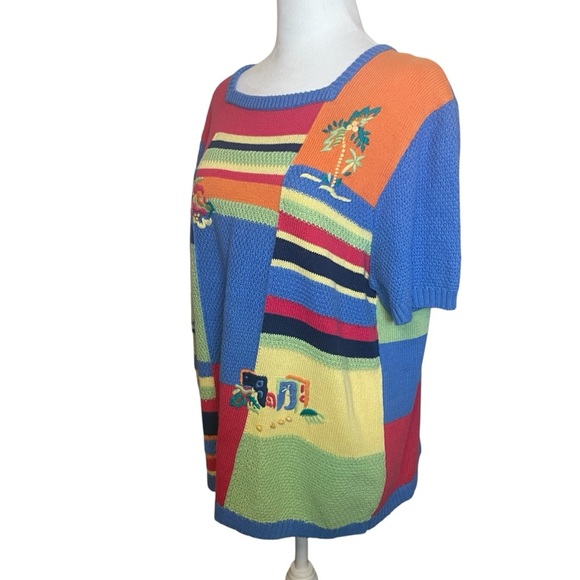 Koret Francisca Vintage Colorful Short Sleeve Embroidered Coastal Sweater XL - Picture 4 of 10
